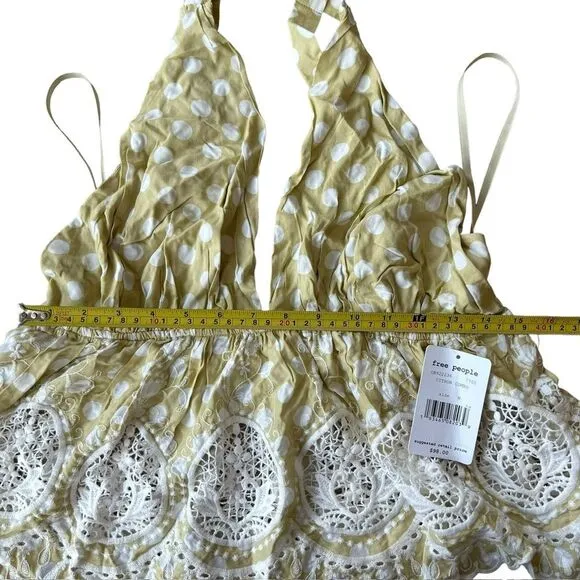 Free People M Lunch‎ Date Yellow Polka Dot Halter Top Citron Plunge Coquette New - Image 8