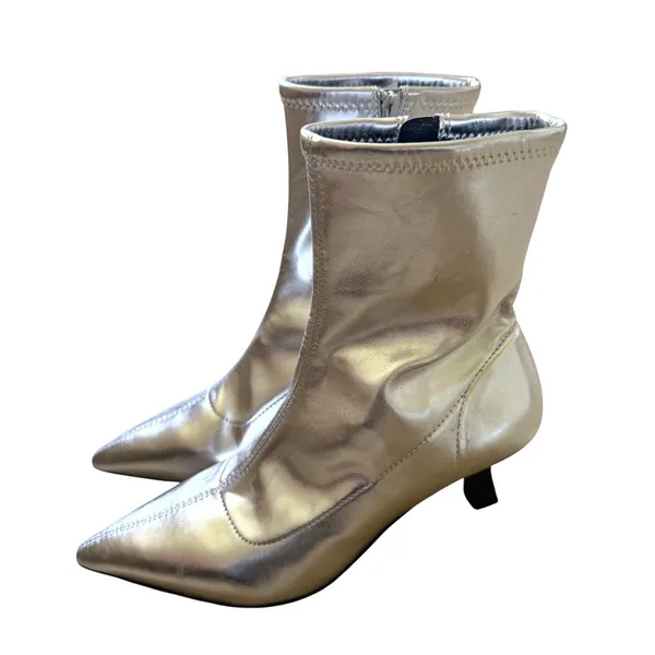 Abound Silver Metallic Pointed Toe Kitten Heel Sock Ankle Boots Size 7M - Image 3