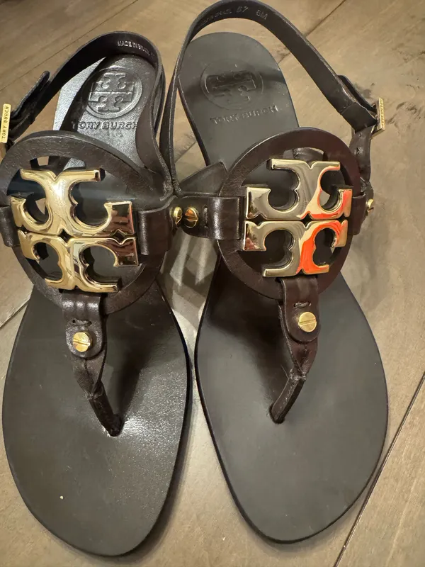 Tory Burch Size 6 Holly 2 Sandal Kitten Heel Brown Leather - Image 2
