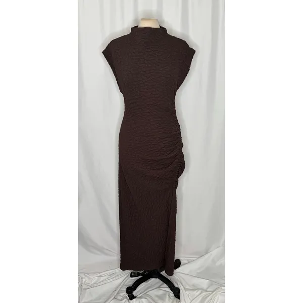NWT!! ANTHROPOLOGIE Maya Ruched Cowl Neck Textured Midi Dress Chocolate Large - Image 2