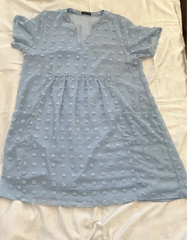 Miholl Dress XXL Women’s Light Blue Pom Pom Swiss Dot Flowy Pockets Empire Waist - Image 2