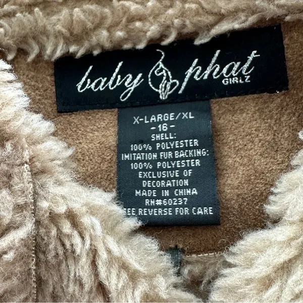 VTG Baby Phat Girlz Y2K Sherpa Coat faux suede Tan Toggle Embroidered Logo - Image 3