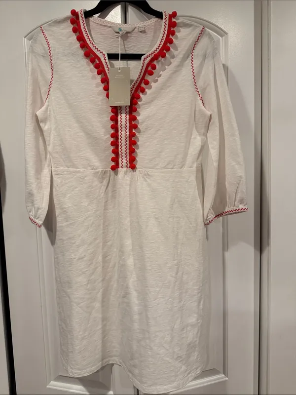 Boden Naomi‎ White Swim Coverup with Red Pom-Pom Trim 6L - Image 2