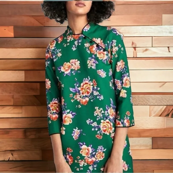 ZARA WOMAN Cheongsam Mini Dress Mandarin Collar Green Floral Size Small - Image 6