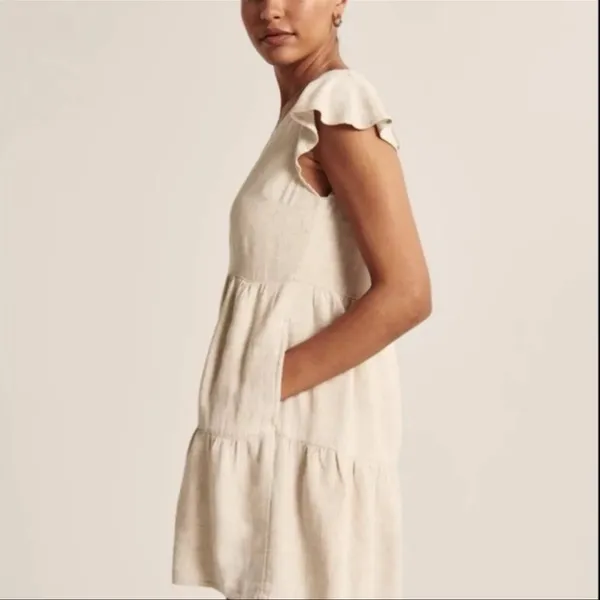 Abercrombie & Fitch Beige Lined Tiered V-Neck Pocket Dress Linen Blend Size S - Image 3