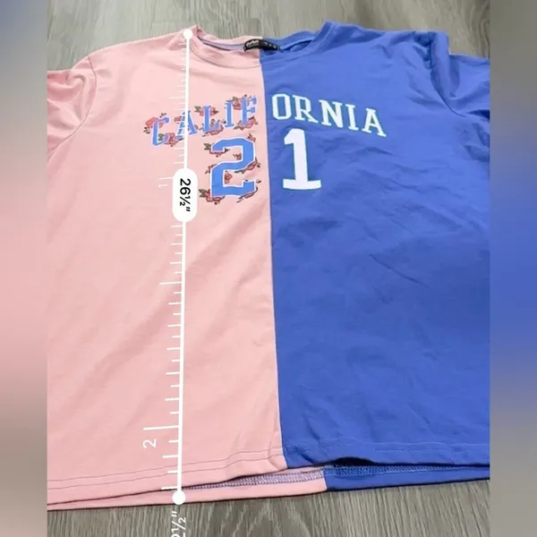 Romwe Pink & Blue Divided Colorblock California 21 Graphic Short‎ Sleeve Shirt S - Image 7