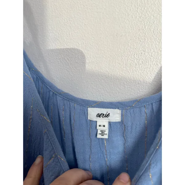 Aerie Magic Hour Blue Gauze Tiered Mini‎ Dress Boho Tie Strap Beach Size M - Image 4