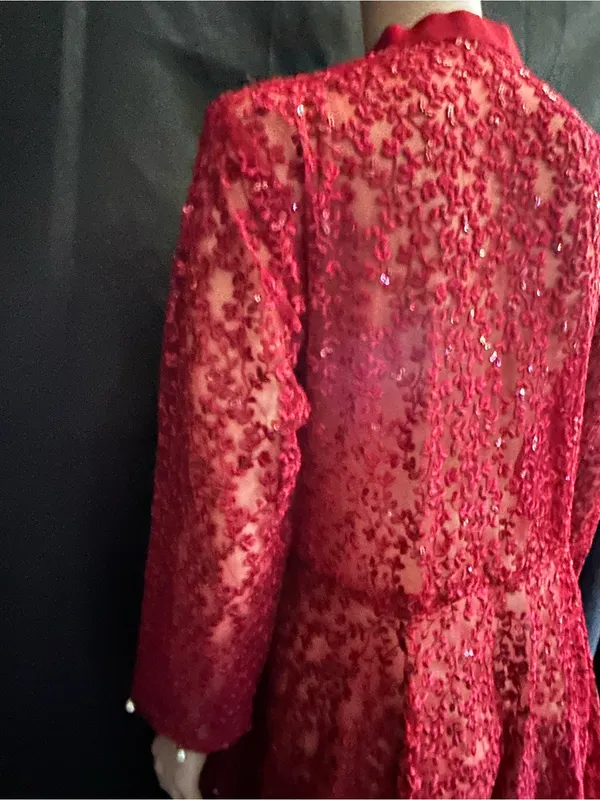 Embroidered Red Lace Fit-and-Flare Women's Dress MD - Image 15
