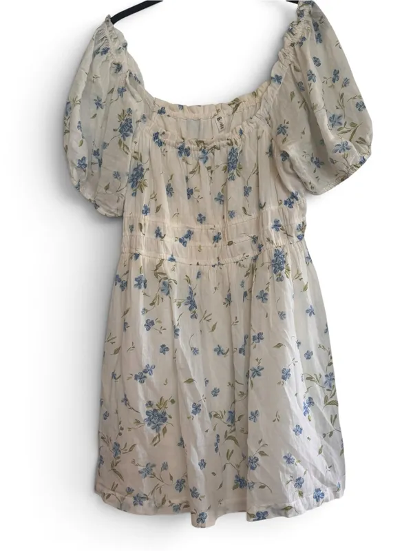 Cream Floral Puff-Sleeve BoHo flowery cottage core Dress with Blue Flowers - Image 2