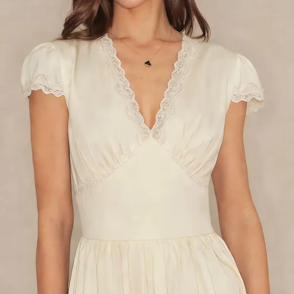 Rihoas Apricot V Neck Lace Maxi Dress - Image 8