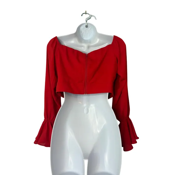 Banjul‎ Red Off Shoulder Long Sleeve Crop Top Bell Sleeve Ruffle Sm Resort Sexy - Image 2