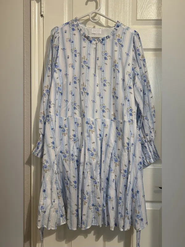 Sugarlips Light Blue Floral Long-Sleeve Tie-Waist Mini Dress - Image 4