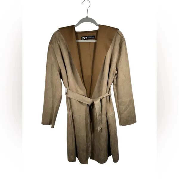 Zara Faux Suede Belted Jacket Tan Brown Size Small Open Front‎ Coat Duster - Image 2