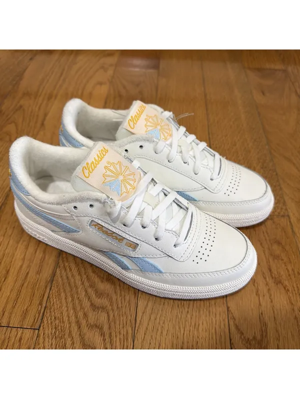 Size 6 US women’s Reebok Club C Revenge Sneakers White Light Blue Gold Leather - Image 8