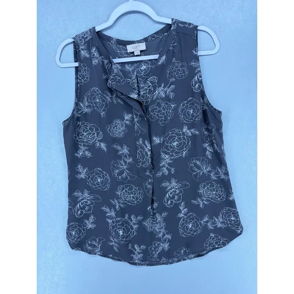 Loft‎ Outlet Womens Tank Top Grey White Floral Sleeveless Shell Blouse M - Image 2