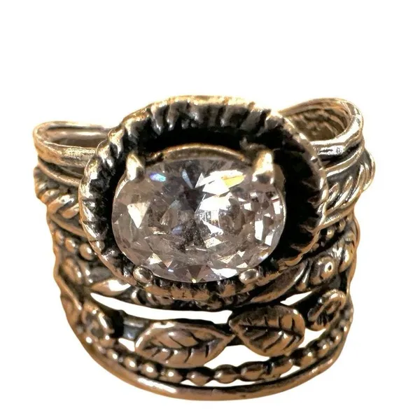 Sterling Silver Israel Wide Band Leaf Ring w/ CZ - Image 10