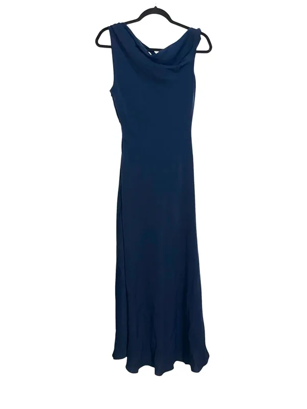 Aritzia TEN Klea One Shoulder Cowlneck Navy Matte Satin Midi Dress MEDIUM - Image 4