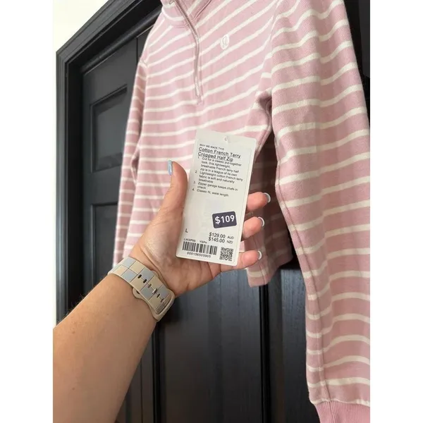 Lululemon Cotton French Terry Cropped Half Zip in the Yachtie Stripe Pink Haze L - Image 2