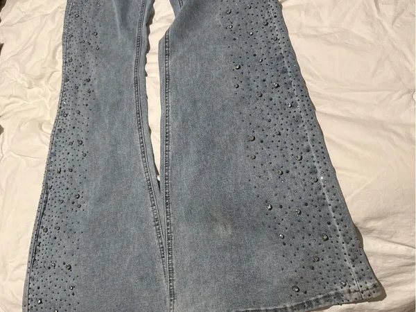 Women's Light Blue Flared Jeans with Rhinestone Detail - Image 6