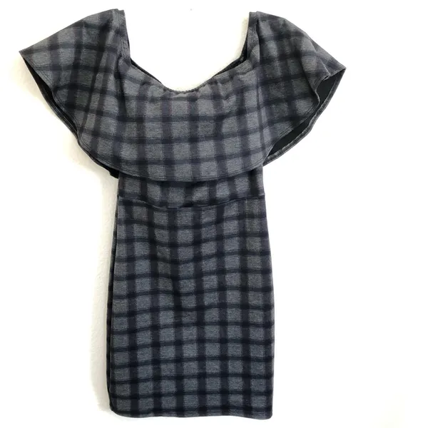 🛍️ Lulus Gray Plaid Small Town Off the shoulder Body con dress S - Image 3
