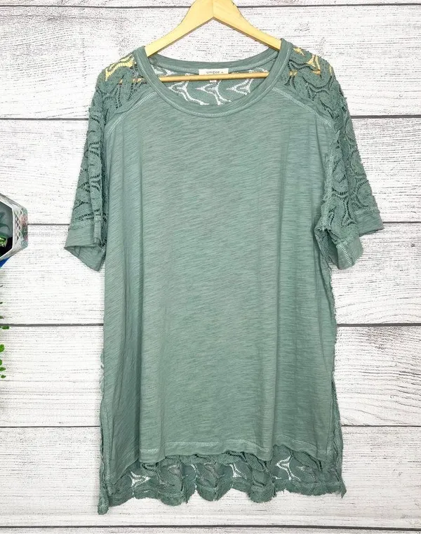 UMGEE Seafoam Green Lace Sleeve Sheer Lace Back High Low Tunic Top Size XL - Image 10