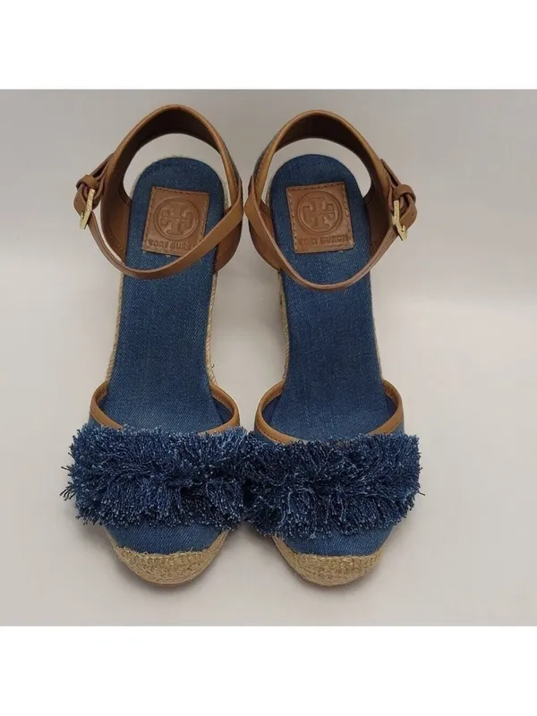 Tory Burch Wedge Espadrille Shaw Blue Denim Fringe Ankle Strap Sandals Size 8.5 - Image 5