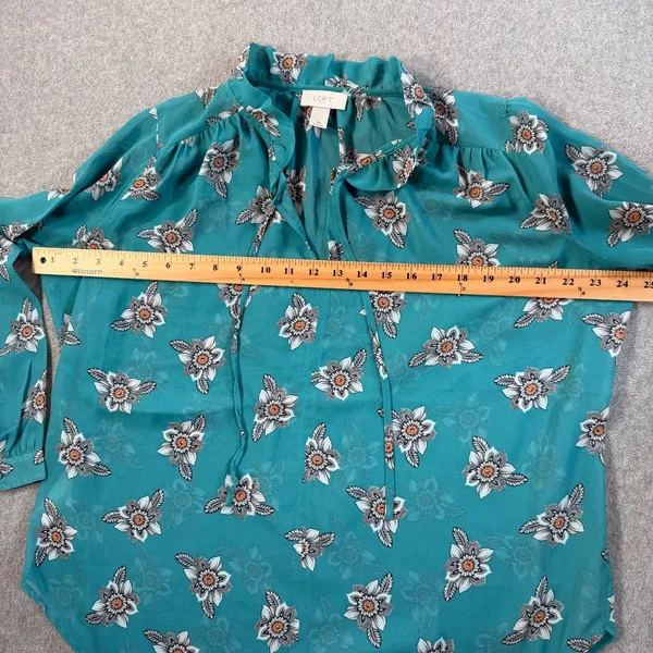 LOFT Outlet Women's Medium Sheer Teal Floral Ruffle Tie Neck Blouse Top - Image 8