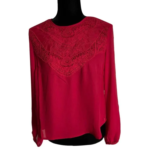 Forever‎ 21 Womens Blouse Size Small Red 80s Mom Lace Neckline Long Sleeves - Image 3