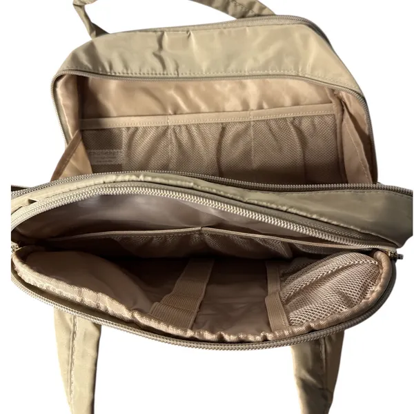 BAGSMART Large Makeup Bag Travel Toiletry Organizer Wide Open Quilted Tan - Image 3