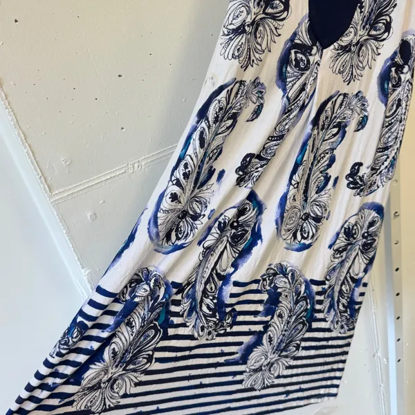 Tommy Bahama Paisley Stripe Sleeveless V-Neck Shift Midi Dress Large Blue White - Image 4