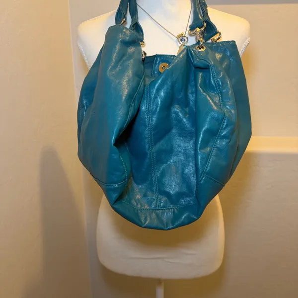 Teal Blue Slouchy Hobo Bag Shoulder‎ Purse Boho Y2K Large Soft Faux Leather - Image 2