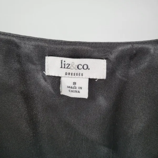VTG Liz & Co Cocktail Dress Womens 8 Black Ruffled Detail V-Neck Flutter Sleeve - Image 2
