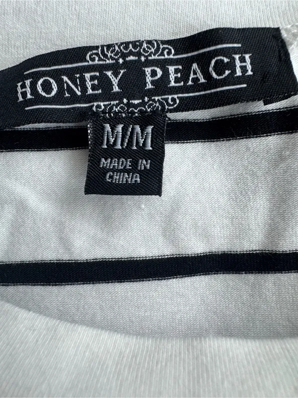 Honey Peach Striped Crewneck Tee - Black & White - Image 5