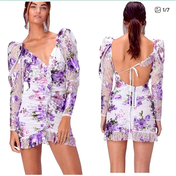 For Love & Lemons - Wildflower Foil Lace Mini Dress in Lavender ,‎ size Small - Image 2