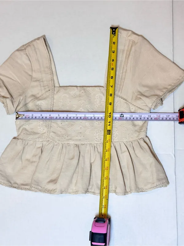 Midnight sky Cream Linen Blend Eyelet Peplum Top S Square Neck Cottagecore Coquette Prairie - Image 12