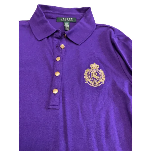 Lauren‎ Ralph Lauren Purple 3/4 Sleeve Polo Shirt Gold Crest Embroidery M - Image 5