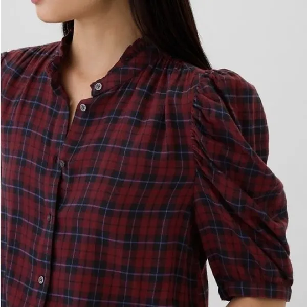 NEW Gap Women's XSMALL Red Plaid Puff Sleeve High Neck Blouse - Image 4