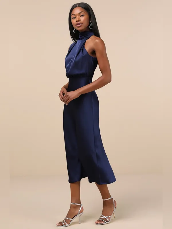 LULU’S Distinctive Charm Navy Satin Asymmetrical Midi Dress - Image 3