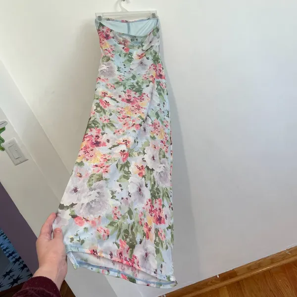 HAUTE MONDE Light Blue Pink Floral Semi Sheer Mesh Strapless Midi Dress ? w Slit - Image 17