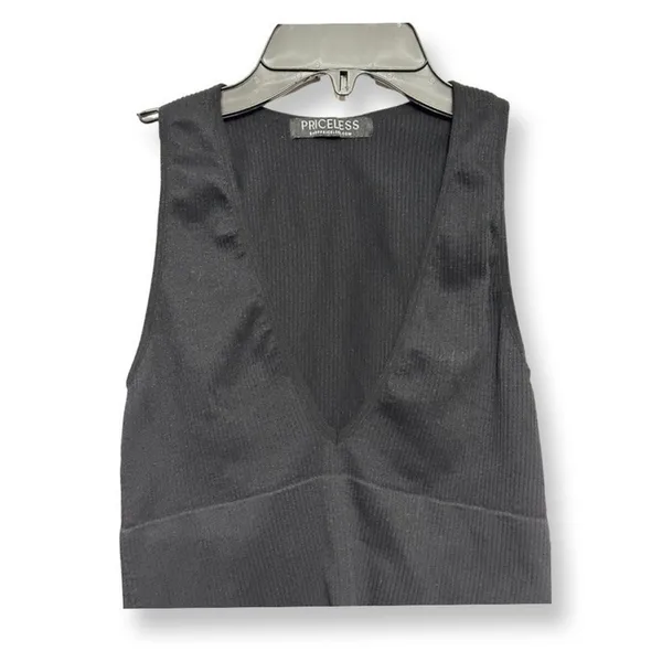 Priceless Crop Top Ribbed Texture V-Neckline Sleeveless Form Fitting Black W S/M - Image 2
