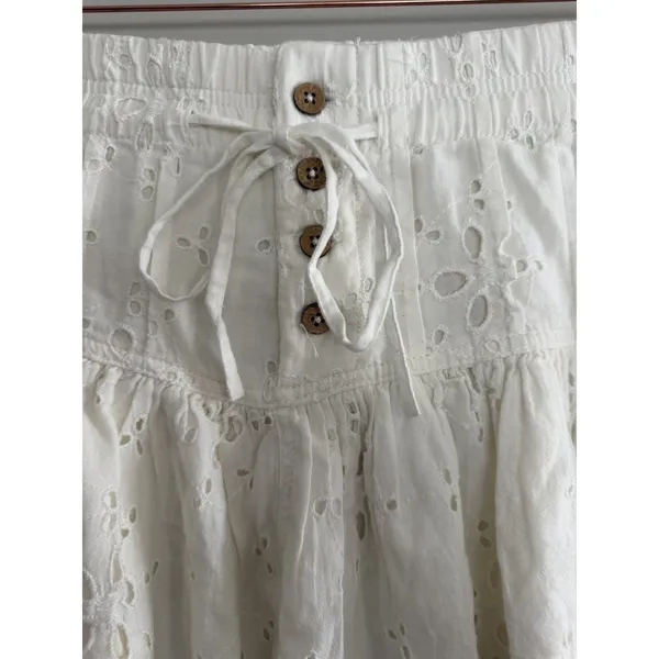 Free People Roselle Eyelet Mini Skirt Ivory‎ Button Front Drawstring Women's Med - Image 3