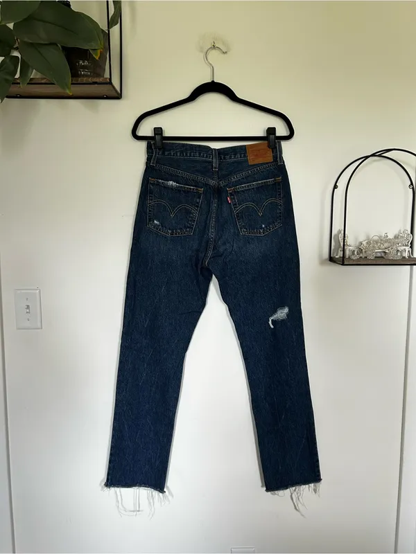 Levi’s 501 Premium Denim Distressed High Rise‎ Straight Leg Blue Jeans Size 28 - Image 2