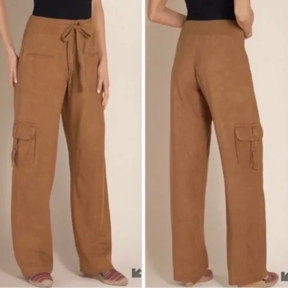 Soft Surroundings Camel Linen Lagenlook Minimalist Wide Leg Cargo Pocket Pants M - Image 2