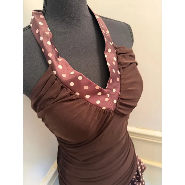 Vintage Y2K Taboo Brown Polka Dot Halter Ruffle Mini Dress Whimsygoth Fairycore - Image 2