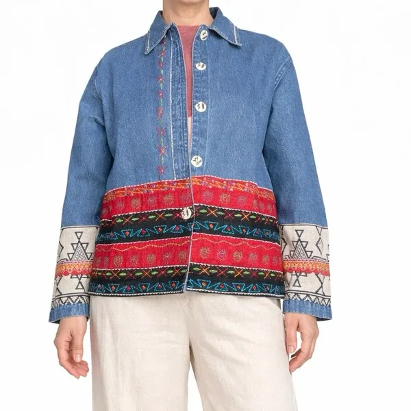 Vintage Oversized Embroidered Denim‎ Jacket Boho Cowgirl Southwestern Festival - Image 6