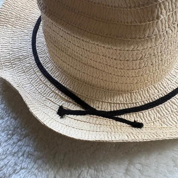 Woven Straw Sun Hat Tan Wide Brim Floppy Summer Beach Hat Black Cord Accent - Image 3