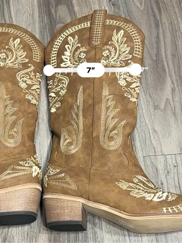 Western Embroidered Heeled Boots in Tan Size 12 - Image 14