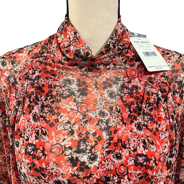 Free People NEW Wmns Coral Floral All Dolled Up Mesh Crop Top Shirt Sz S Romance - Image 4