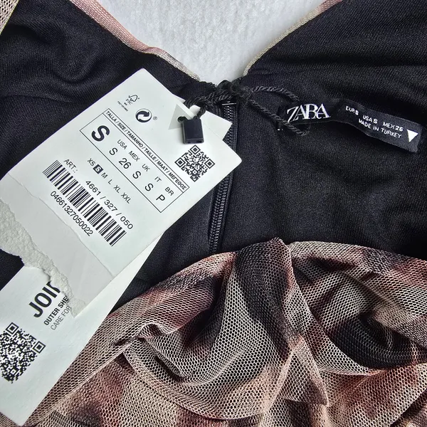 Zara NWT Brown Ruched Tulle Mesh Tie‎ Dye V-Neck Mini Dress Long Sleeve Small - Image 5
