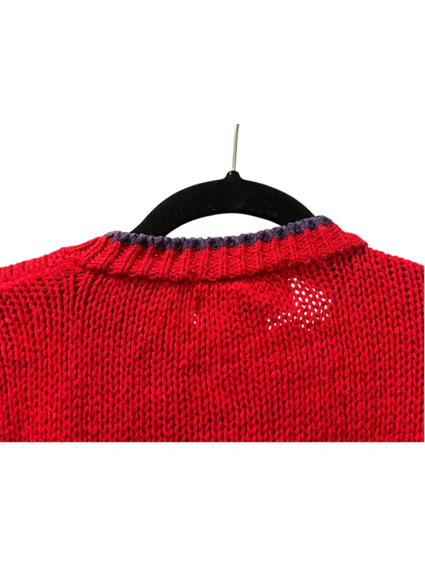 VTG Counterparts Hand Knit Bird Novelty Sweater Red Patchwork Folk Art Cotton M - Image 8